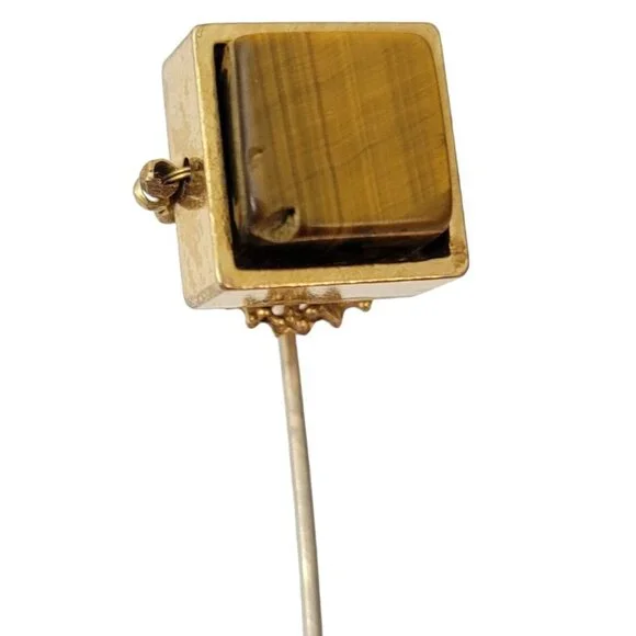Miriam Haskell Vintage Gold Tone Tiger Eye Cube Stick Pin, M60